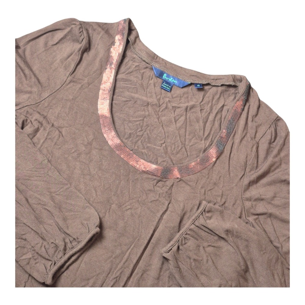 Boden Women's 10 Brown Sequin Detail Scoop Neck Long Sleeve Stretch Top Shirt
